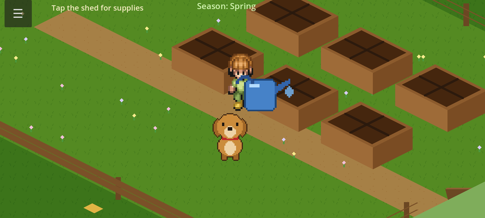 Garden Explorer on Star Learner — current farm with raised beds, watering can, and dog